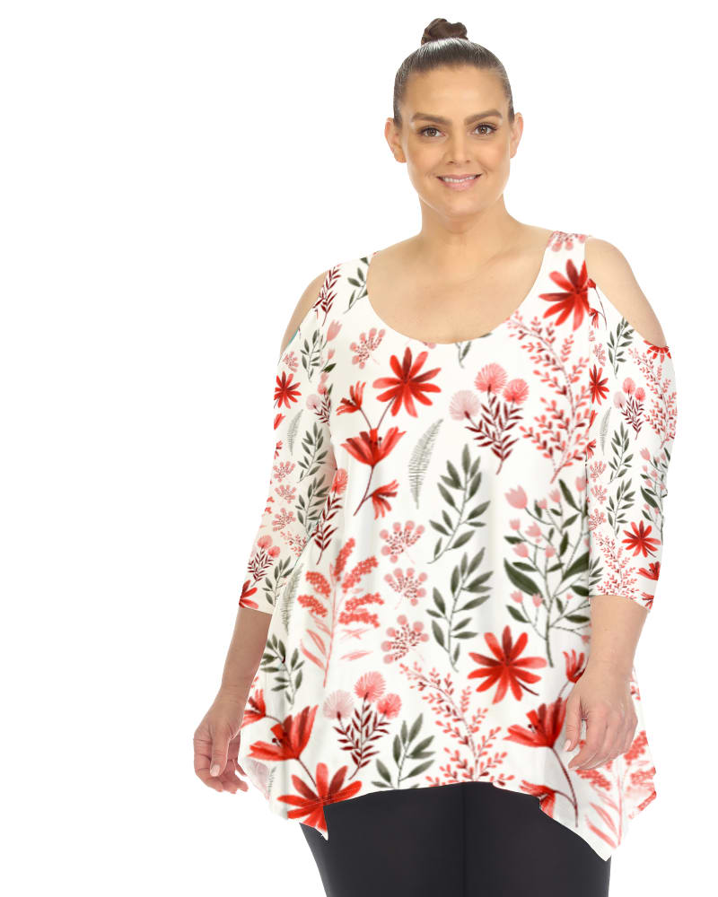 Front of a model wearing a size Large Antonia Cold Shoulder Tunic in Red by White Mark. | dia_product_style_image_id:301393